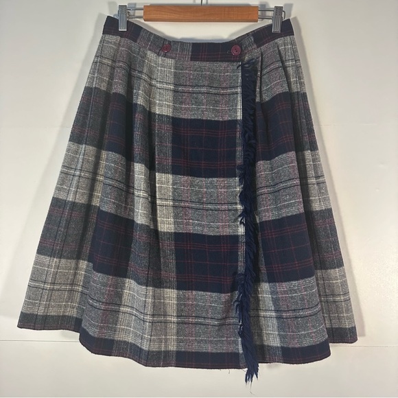 Vintage Dresses & Skirts - VTG Plaid A-Line Wrap Skirt - Navy, Red, and Gray